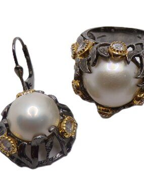 Black Rhodium Sterling Silver Pearl Jewelry Set – Handmade in Turkey Ring Size 8